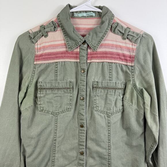 Maurices Green Pink Chambray Snap Collared Long Sleeve Shirt XS Boho Western - Picture 2 of 11